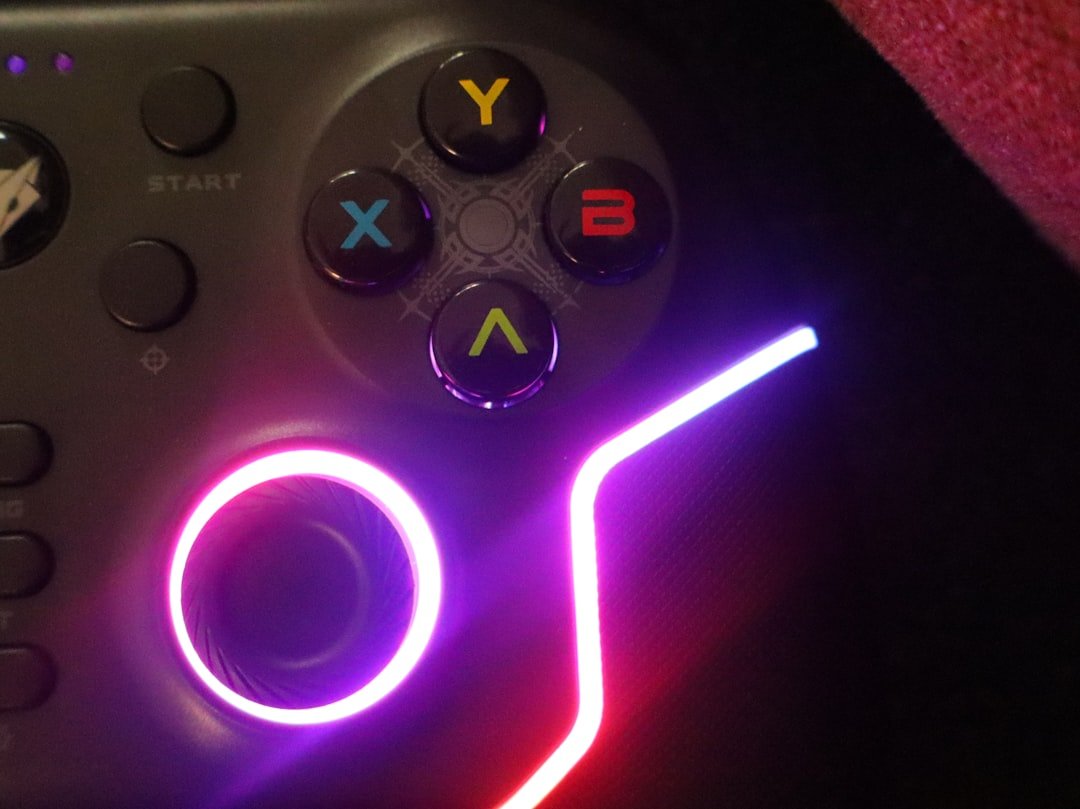 Controle de videogame neon em um ambiente gamer moderno